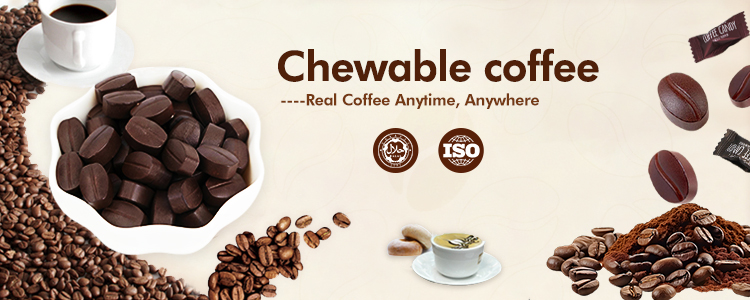 Beautiful display of various coffee candy types including hard candies, soft chews, and chocolate-coated varieties arranged on wooden surface